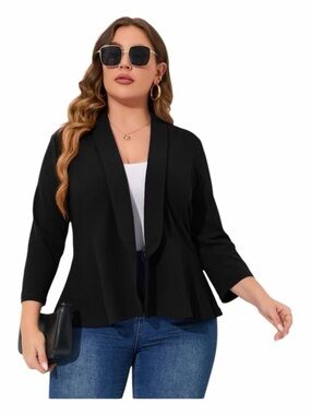 Yesfashion Black Open Front Blazer Cardigan 1X NWT Ruffle Hem Career Jacket